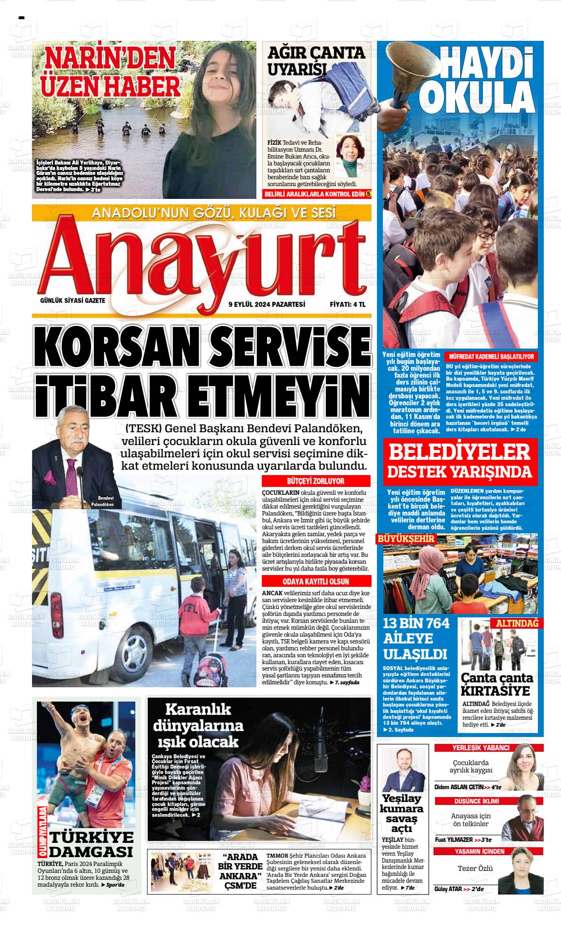 09 Eylül 2024 Anayurt Gazete Manşeti