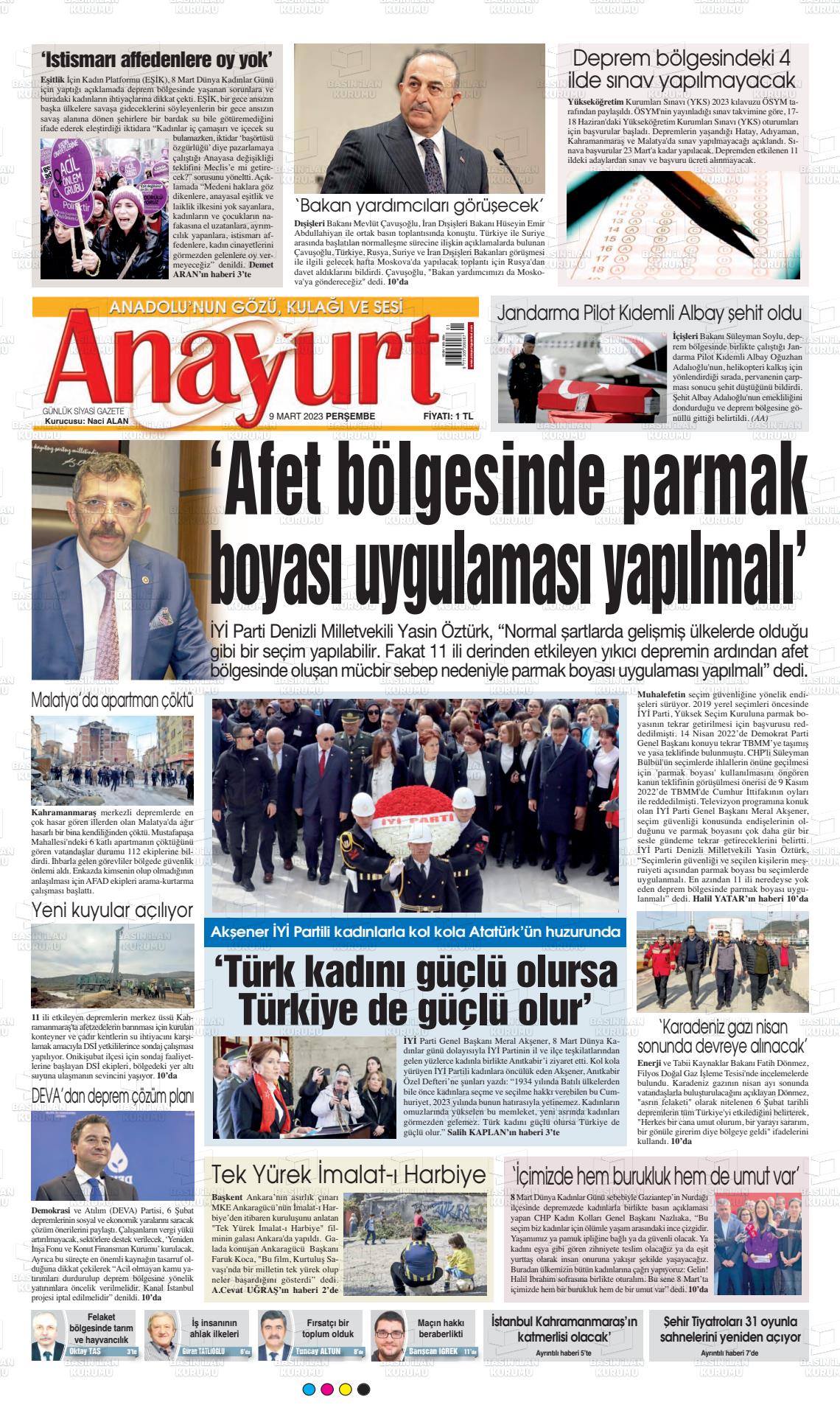 09 Mart 2023 Anayurt Gazete Manşeti