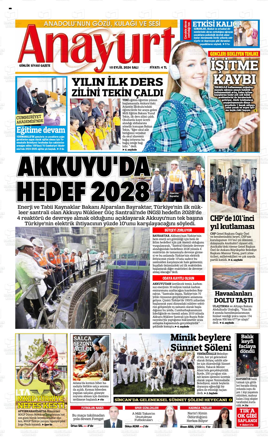 10 Eylül 2024 Anayurt Gazete Manşeti