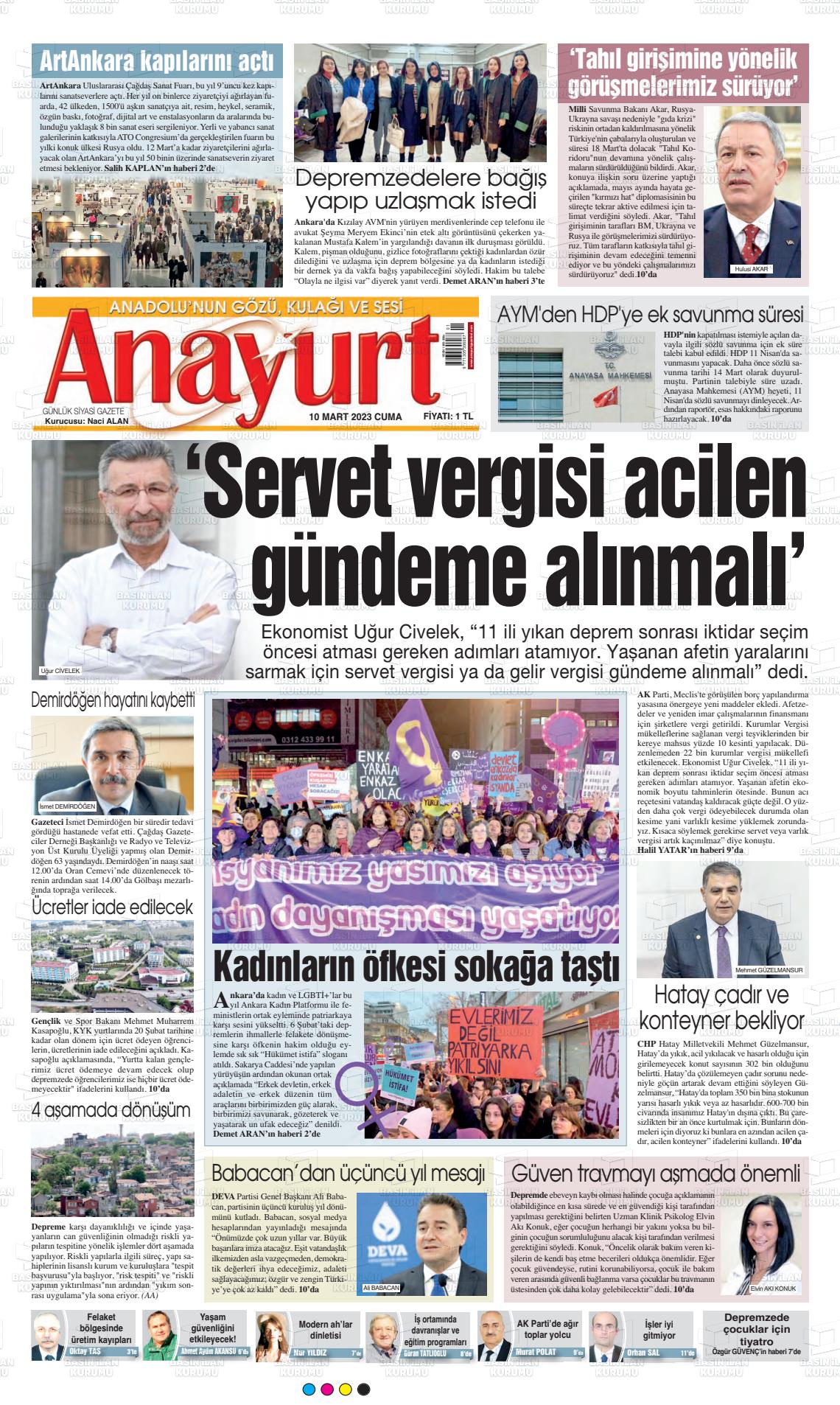 10 Mart 2023 Anayurt Gazete Manşeti