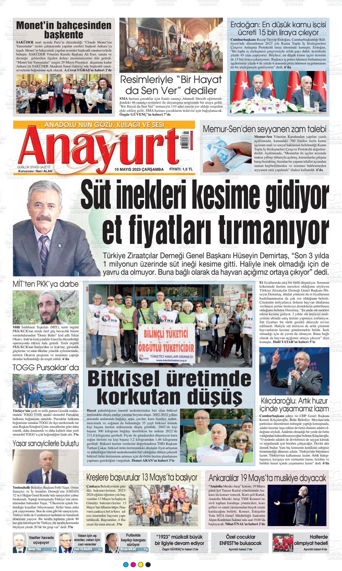 10 Mayıs 2023 Anayurt Gazete Manşeti