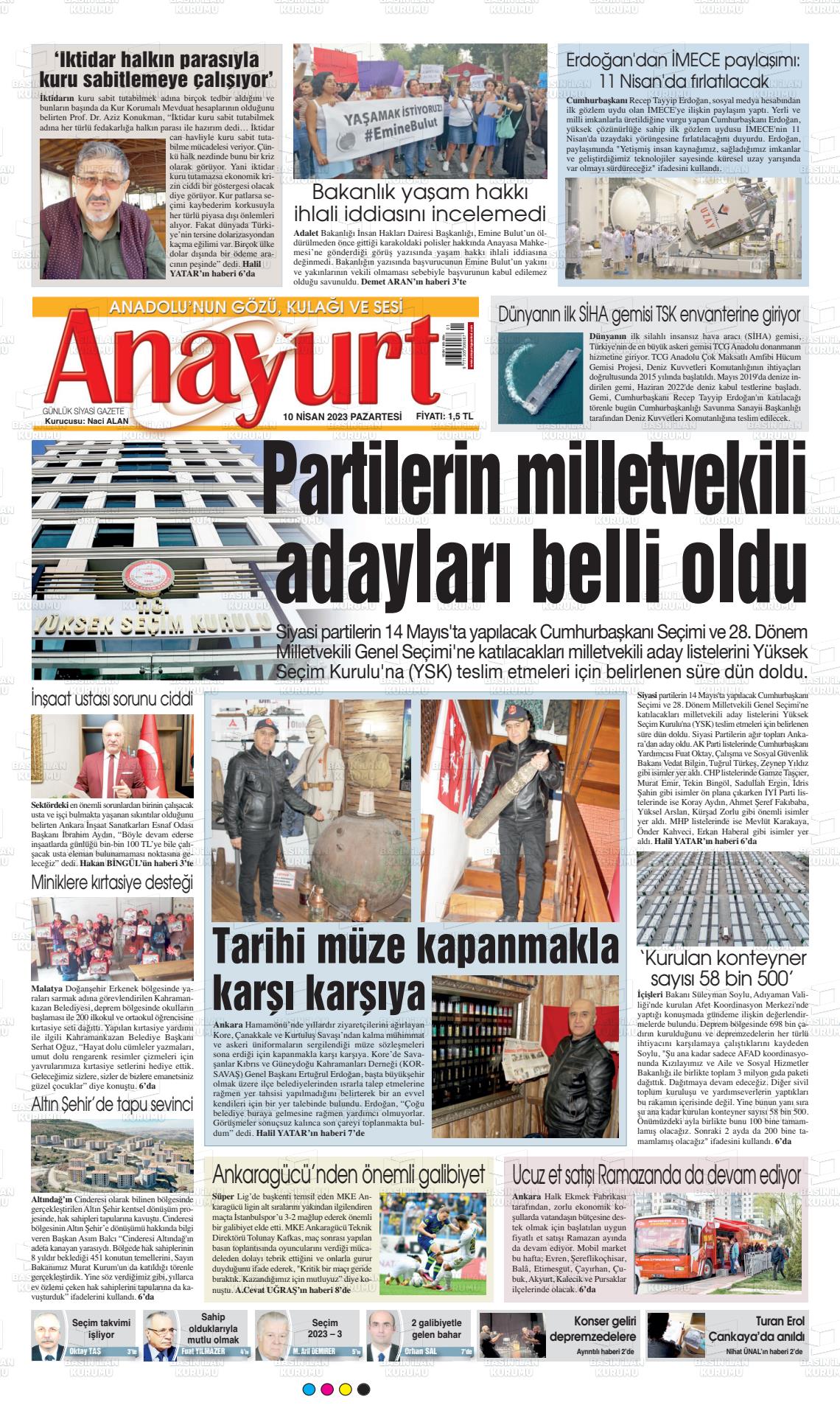 10 Nisan 2023 Anayurt Gazete Manşeti