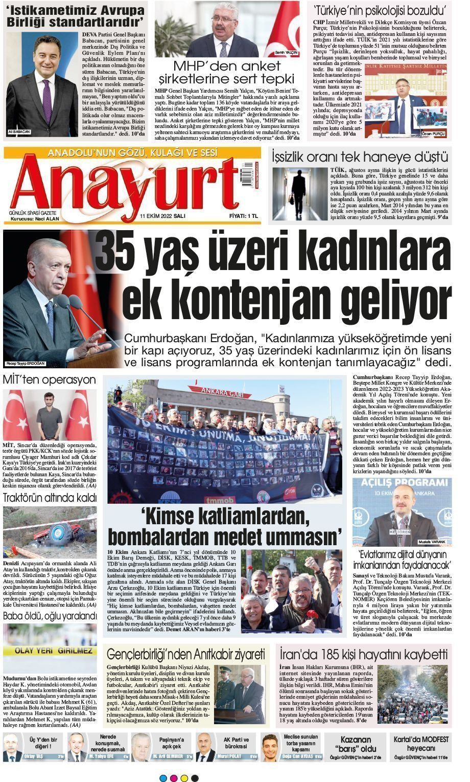 11 Ekim 2022 Anayurt Gazete Manşeti