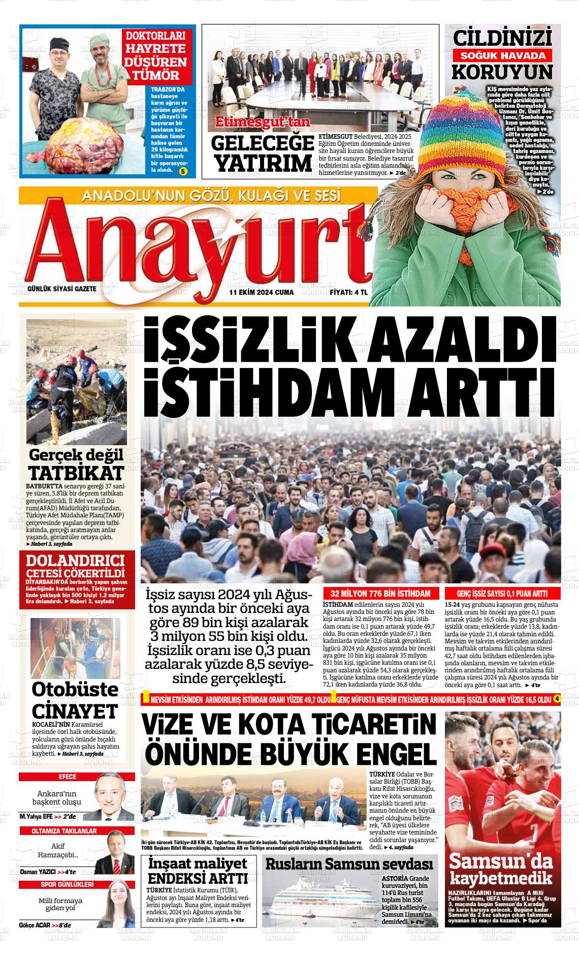 11 Ekim 2024 Anayurt Gazete Manşeti