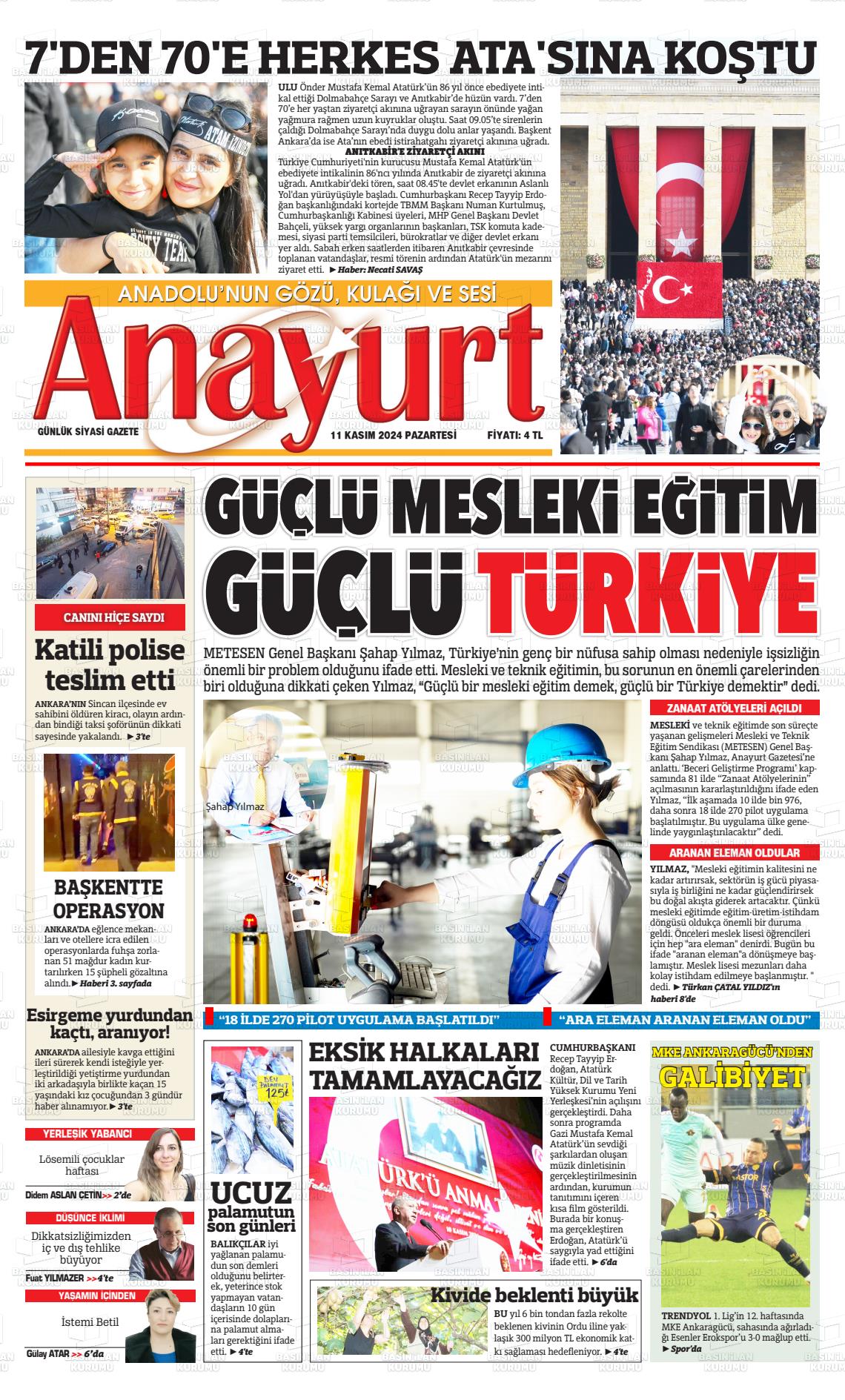 11 Kasım 2024 Anayurt Gazete Manşeti