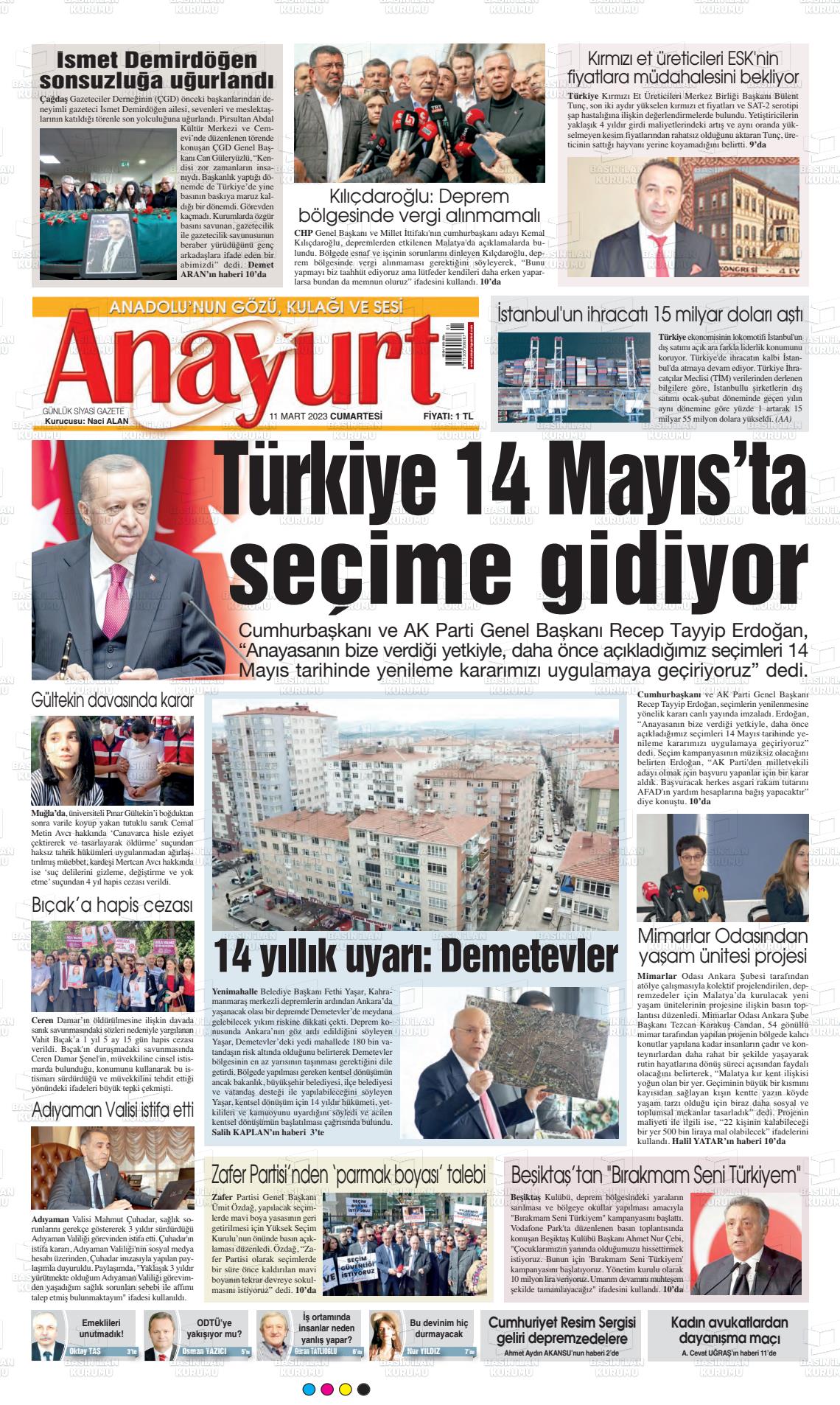 11 Mart 2023 Anayurt Gazete Manşeti