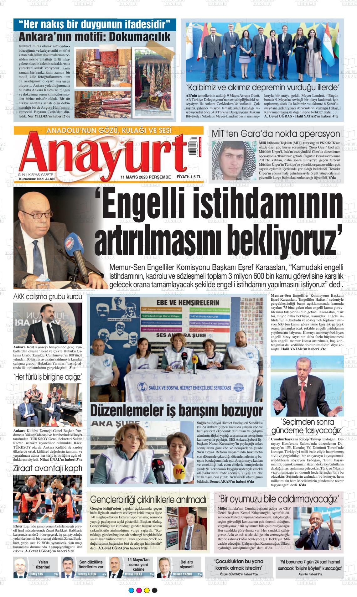 11 Mayıs 2023 Anayurt Gazete Manşeti