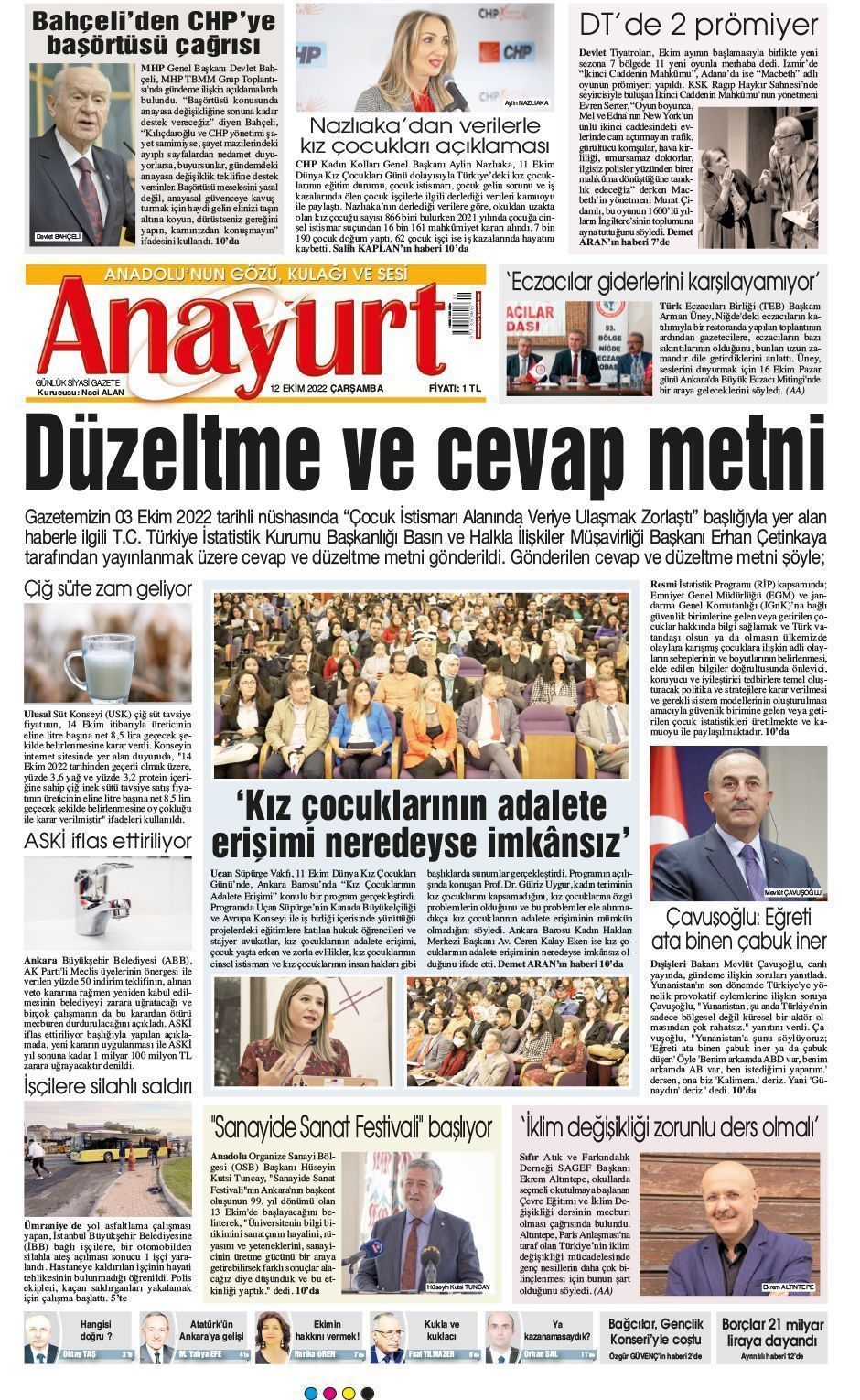 12 Ekim 2022 Anayurt Gazete Manşeti