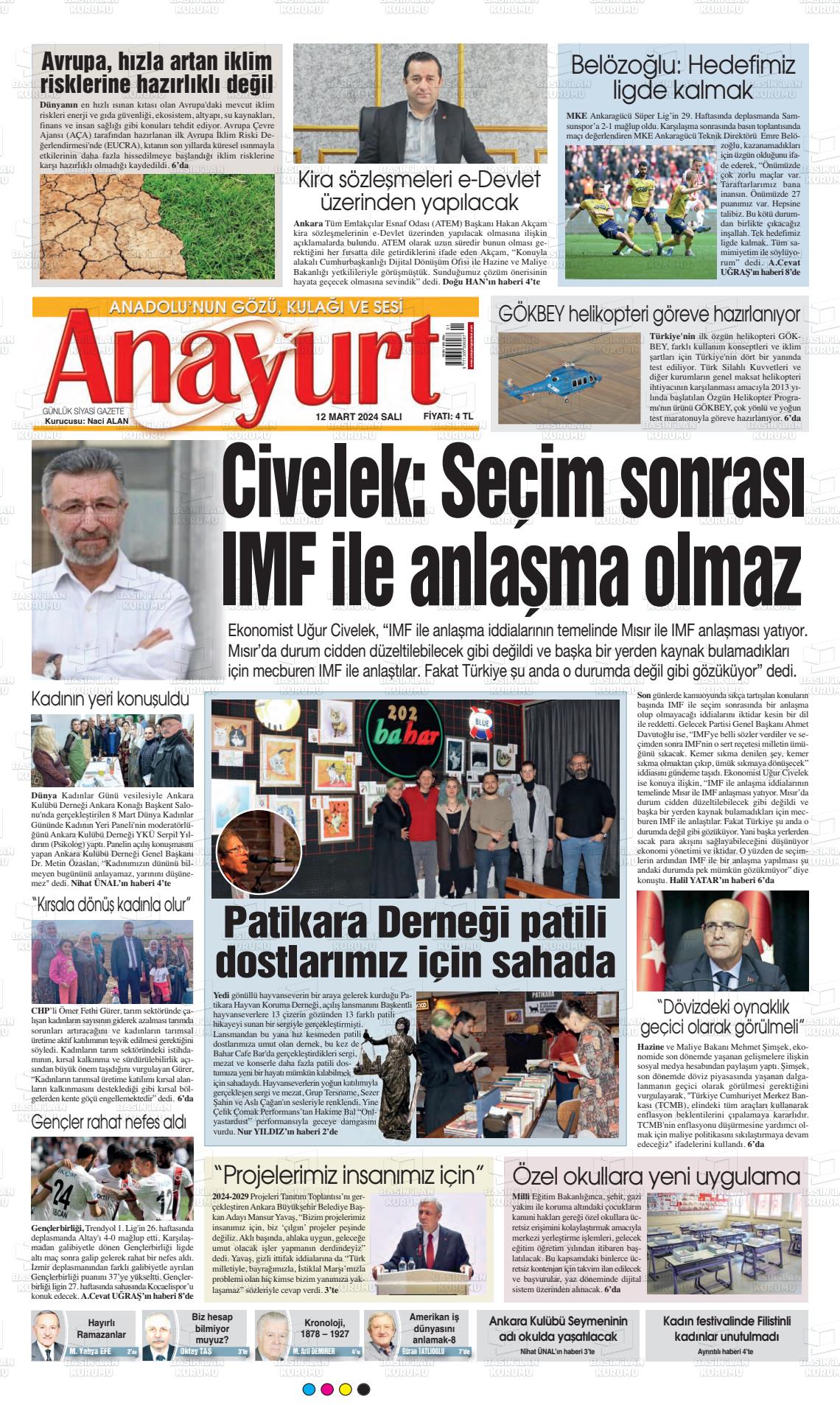 12 Mart 2024 Anayurt Gazete Manşeti