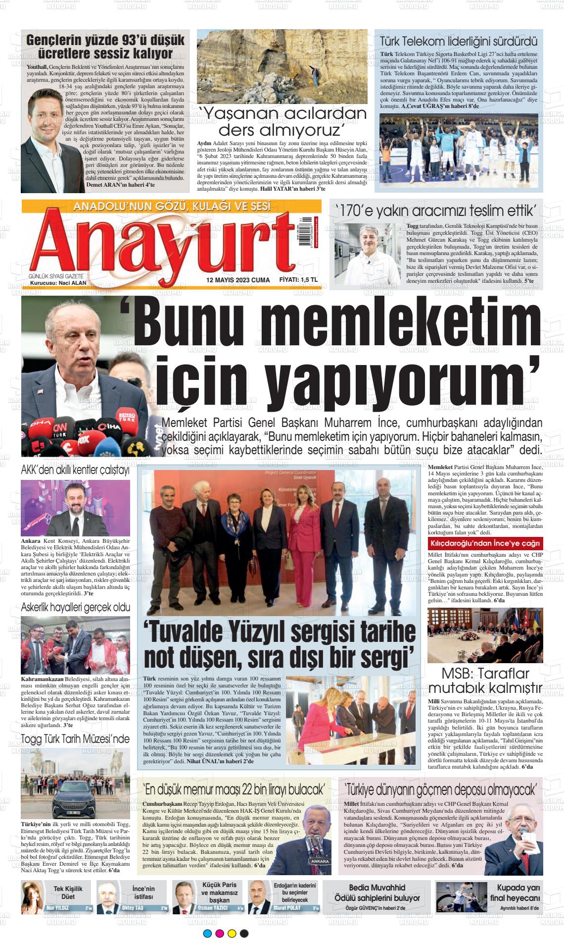 12 Mayıs 2023 Anayurt Gazete Manşeti