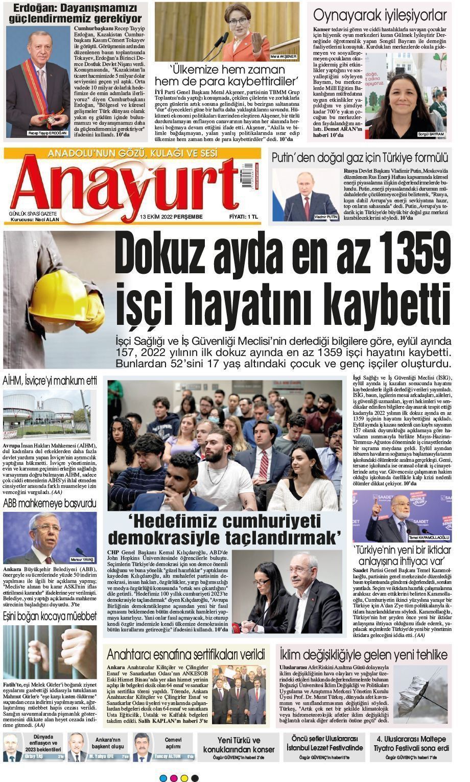 13 Ekim 2022 Anayurt Gazete Manşeti