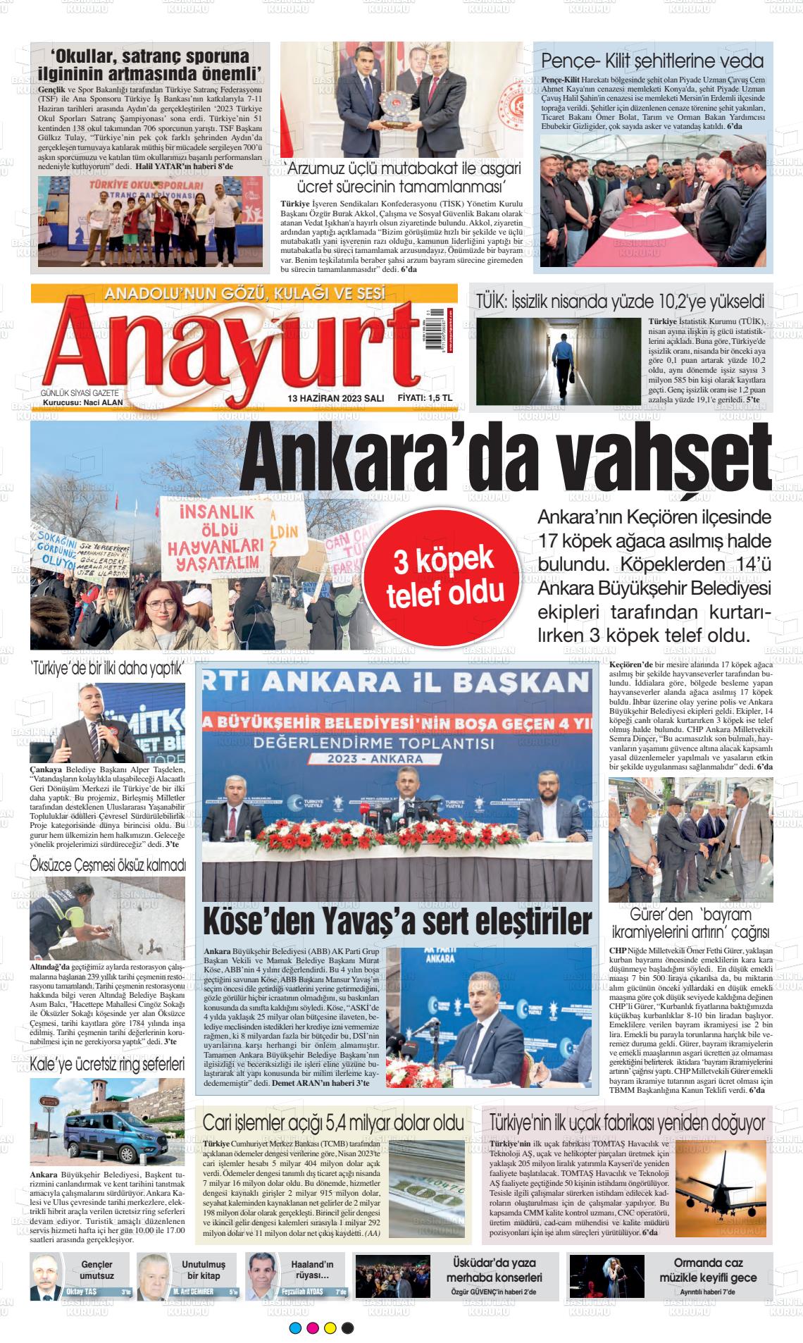 13 Haziran 2023 Anayurt Gazete Manşeti