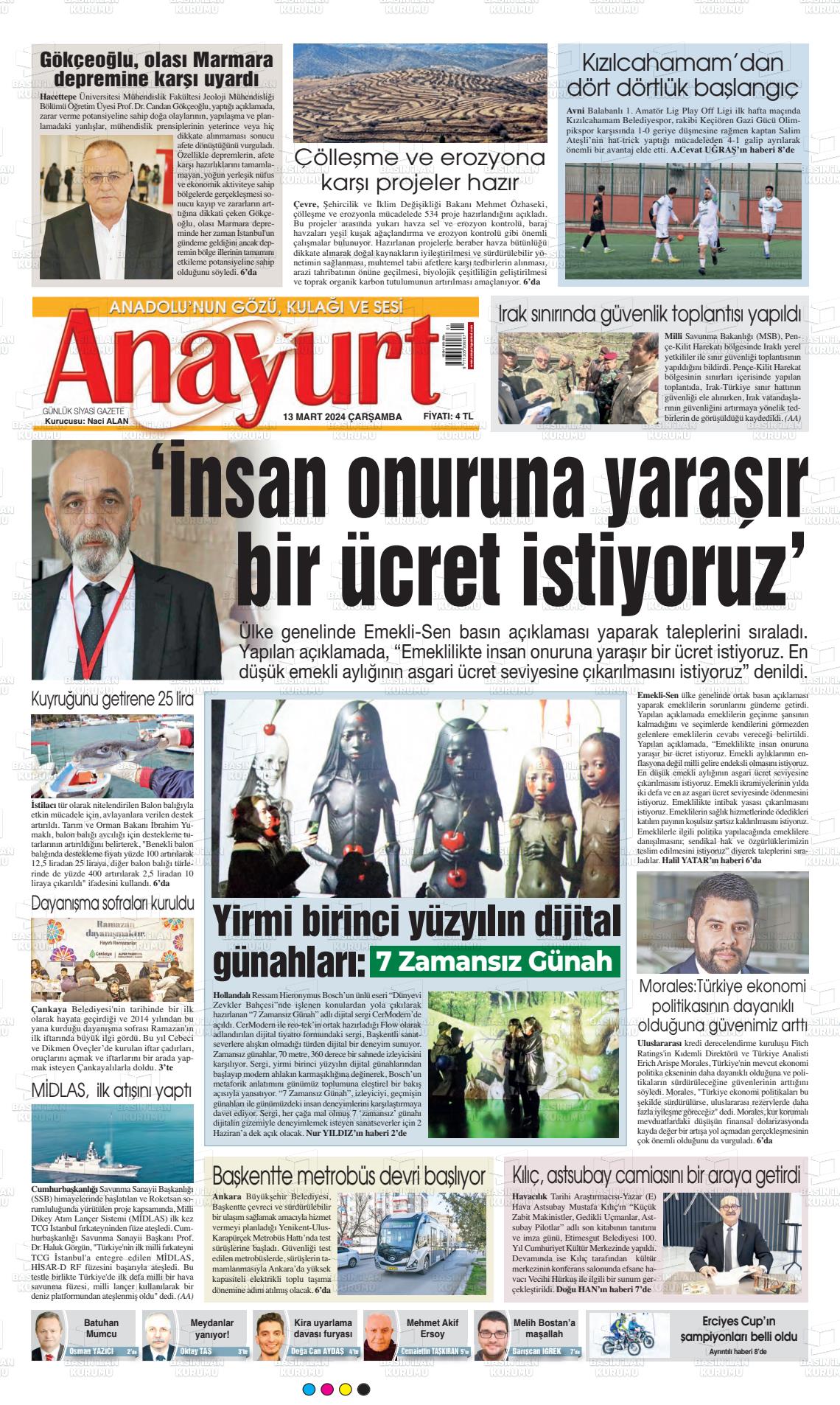 13 Mart 2024 Anayurt Gazete Manşeti