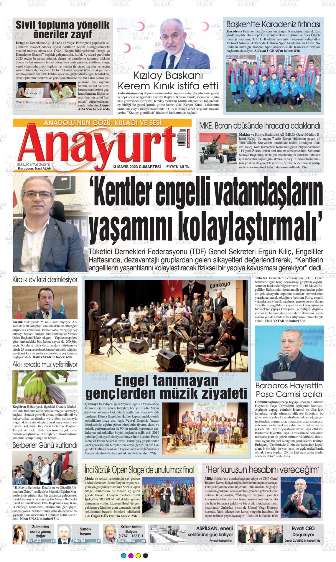 13 Mayıs 2023 Anayurt Gazete Manşeti