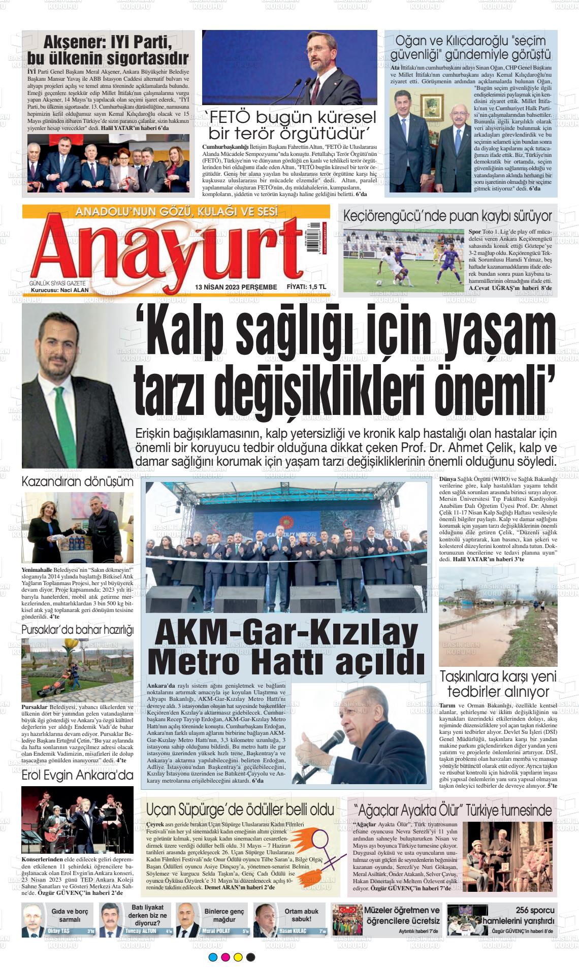 13 Nisan 2023 Anayurt Gazete Manşeti