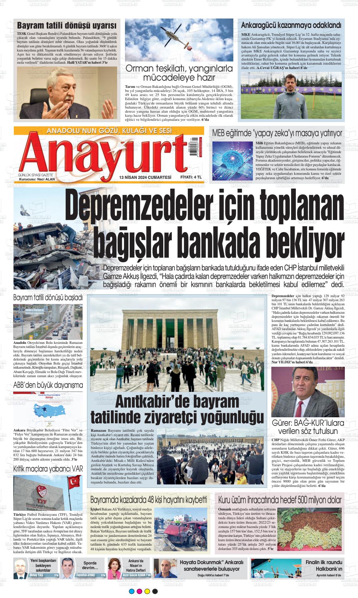 13 Nisan 2024 Anayurt Gazete Manşeti