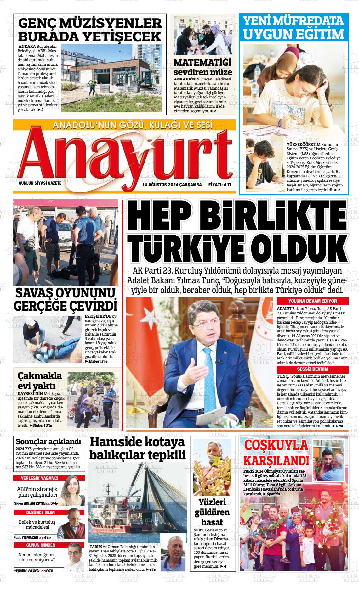 14 Ağustos 2024 Anayurt Gazete Manşeti