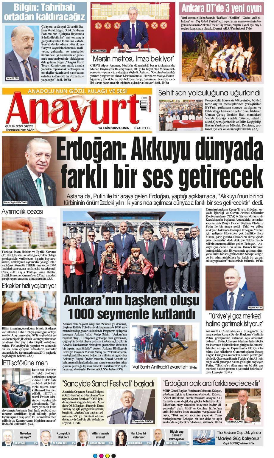 14 Ekim 2022 Anayurt Gazete Manşeti