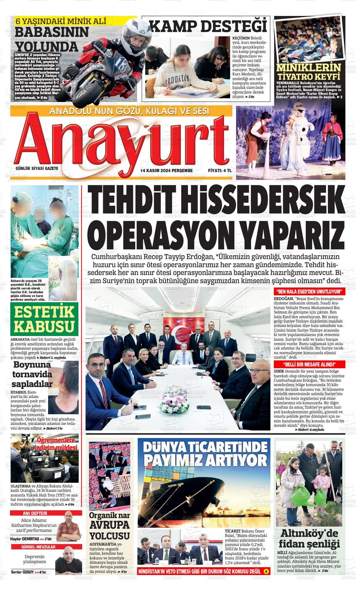 14 Kasım 2024 Anayurt Gazete Manşeti