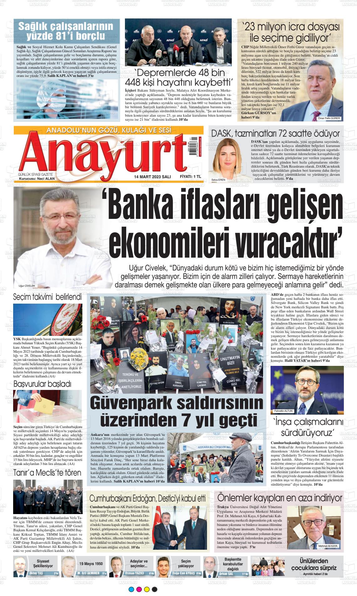 14 Mart 2023 Anayurt Gazete Manşeti