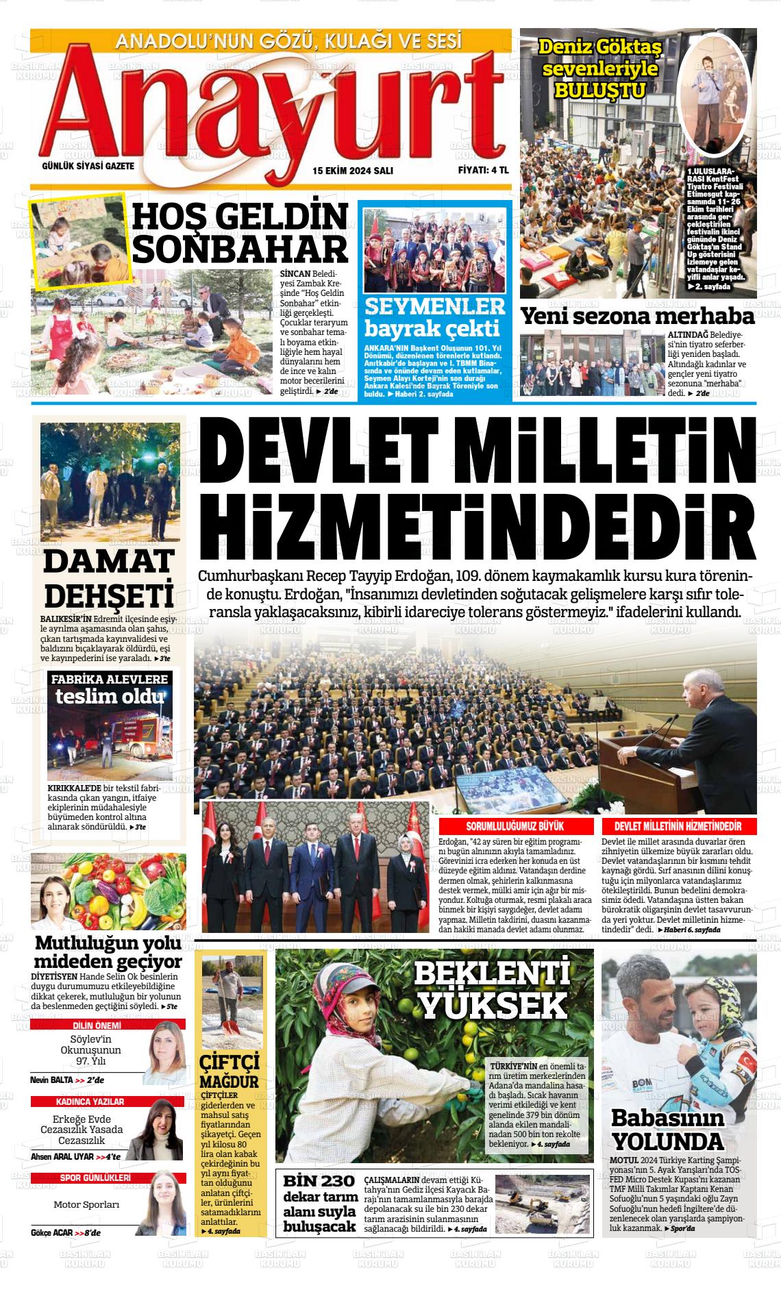 15 Ekim 2024 Anayurt Gazete Manşeti