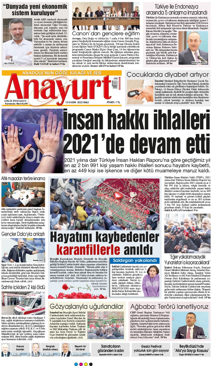 15 Kasım 2022 Anayurt Gazete Manşeti