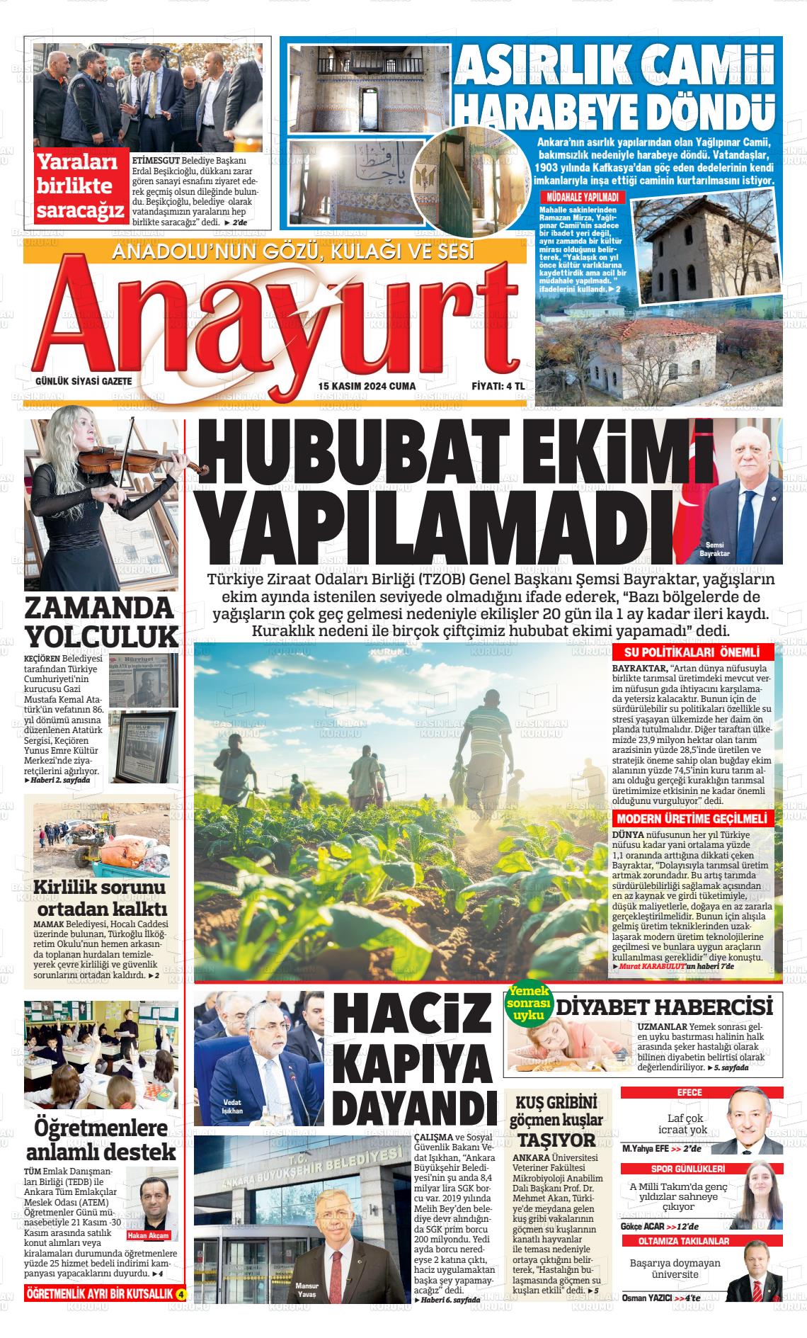 15 Kasım 2024 Anayurt Gazete Manşeti