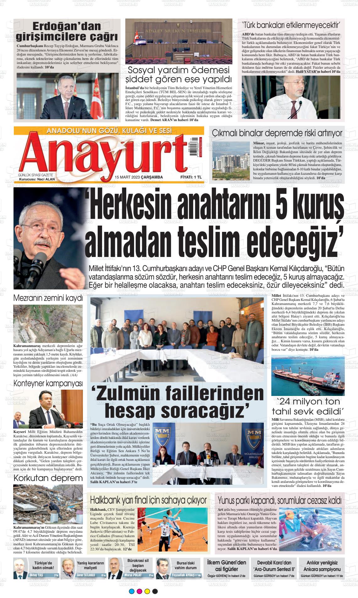 15 Mart 2023 Anayurt Gazete Manşeti