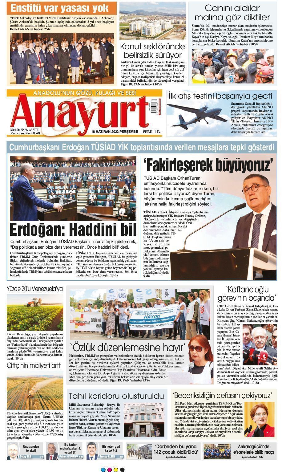 16 Haziran 2022 Anayurt Gazete Manşeti