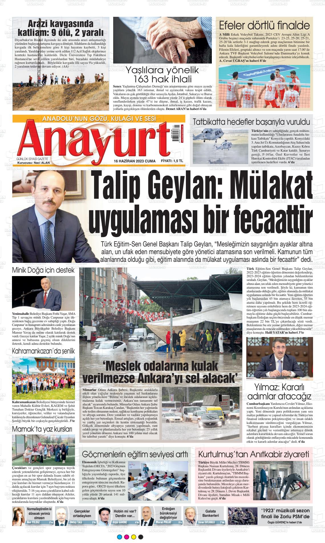 16 Haziran 2023 Anayurt Gazete Manşeti