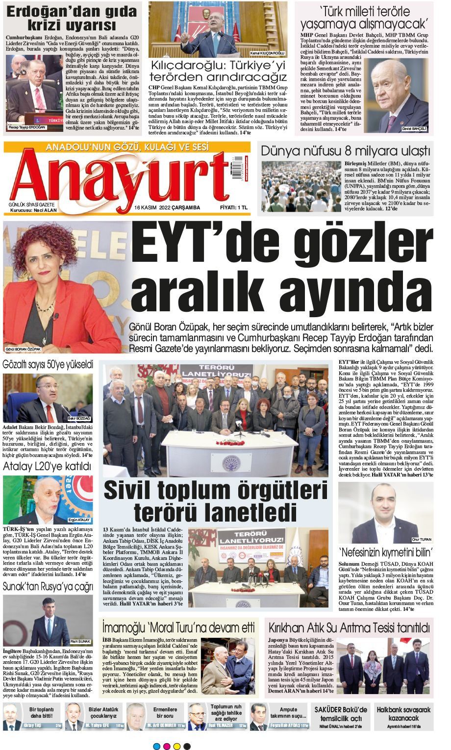 16 Kasım 2022 Anayurt Gazete Manşeti