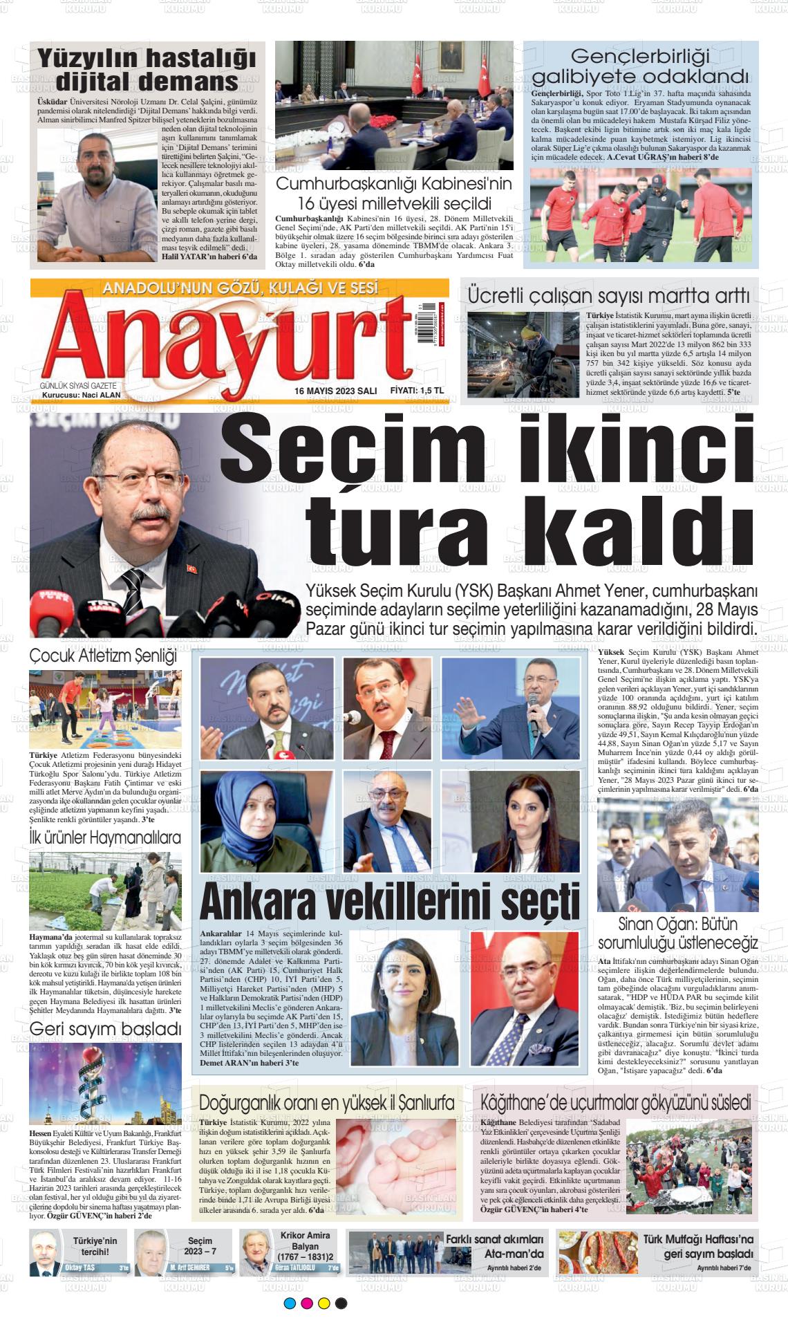 16 Mayıs 2023 Anayurt Gazete Manşeti