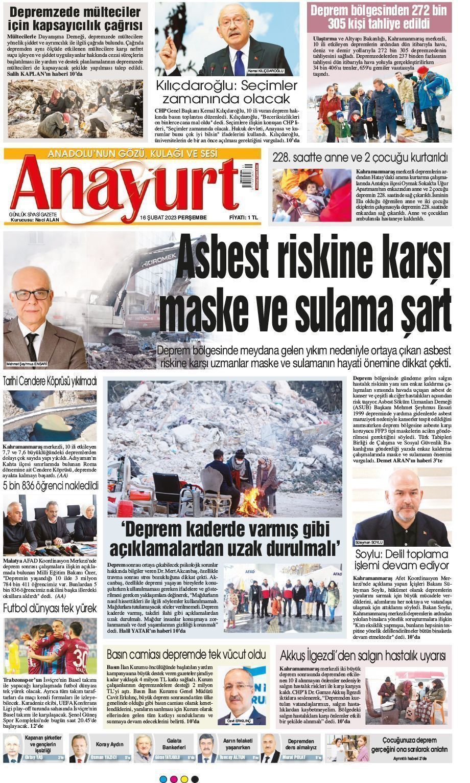 16 Şubat 2023 Anayurt Gazete Manşeti