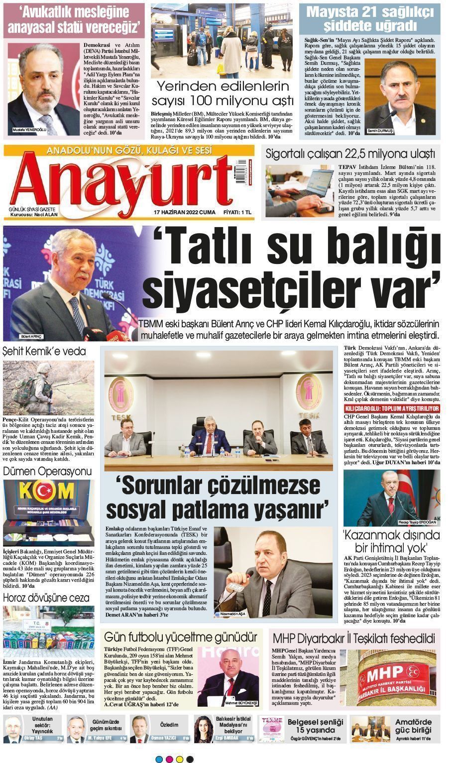 17 Haziran 2022 Anayurt Gazete Manşeti