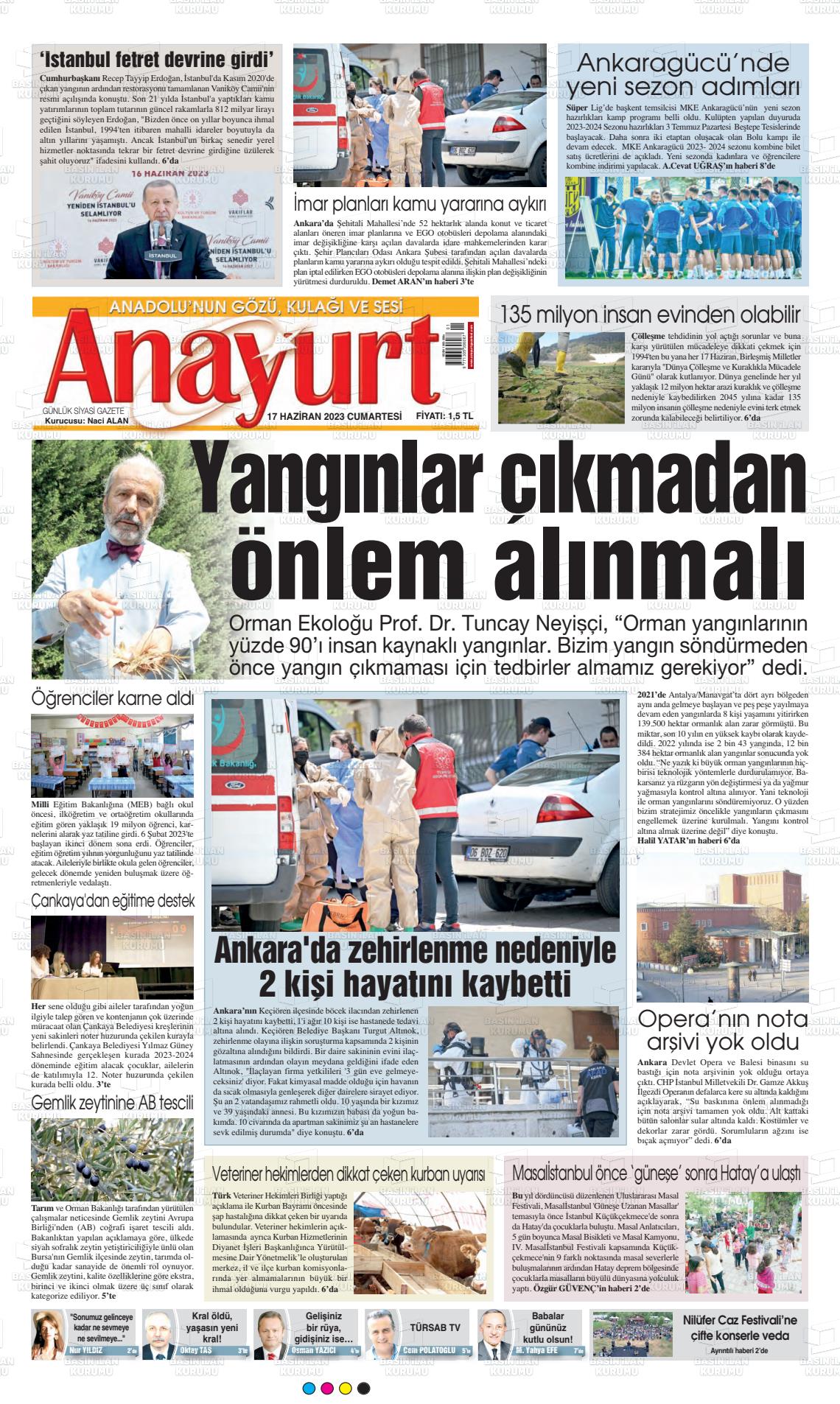 17 Haziran 2023 Anayurt Gazete Manşeti