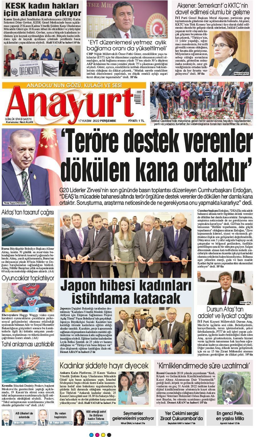 17 Kasım 2022 Anayurt Gazete Manşeti