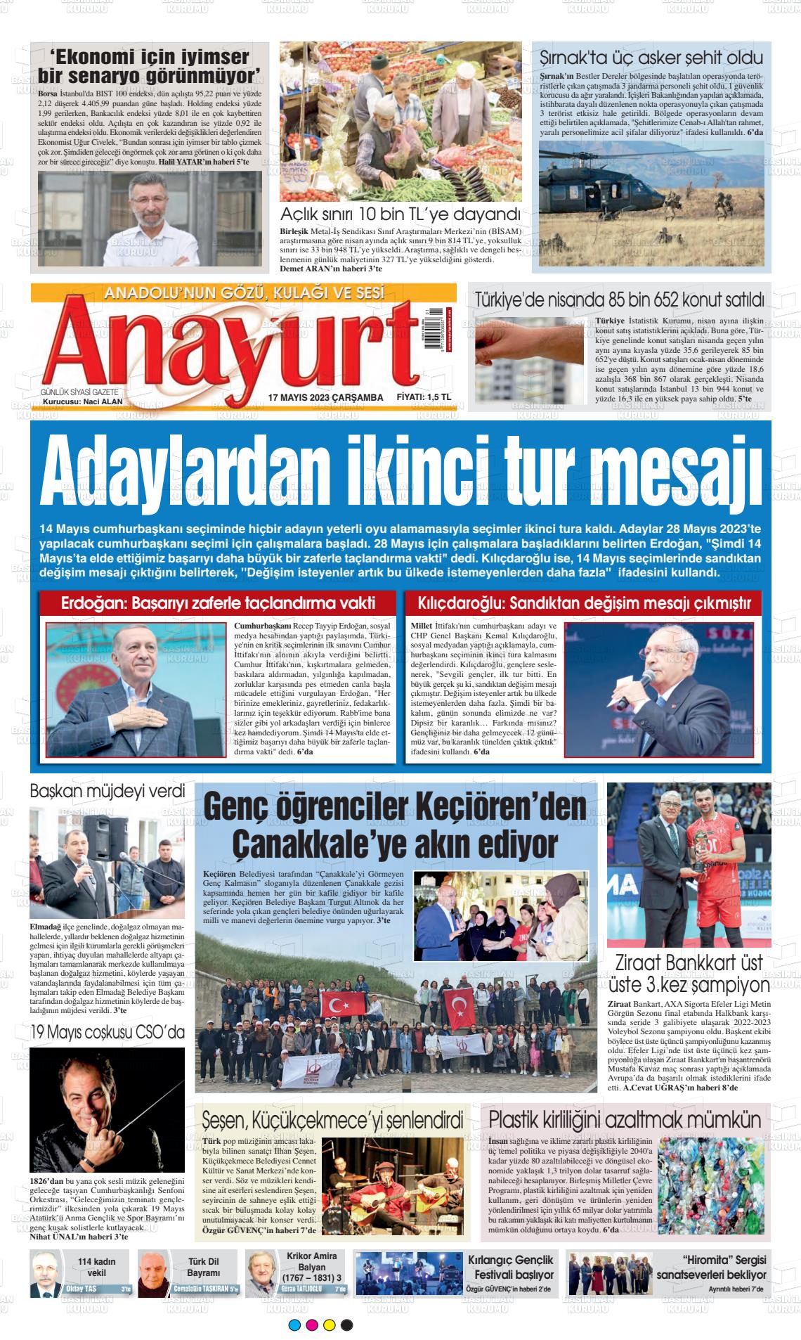 17 Mayıs 2023 Anayurt Gazete Manşeti