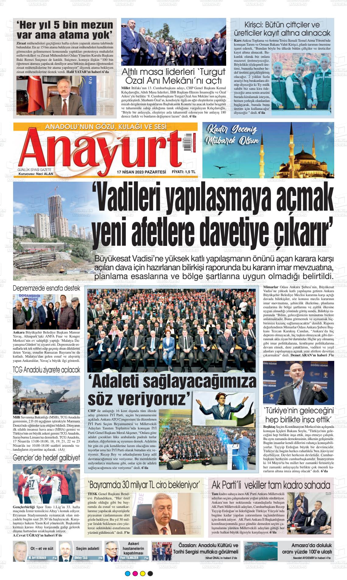 17 Nisan 2023 Anayurt Gazete Manşeti