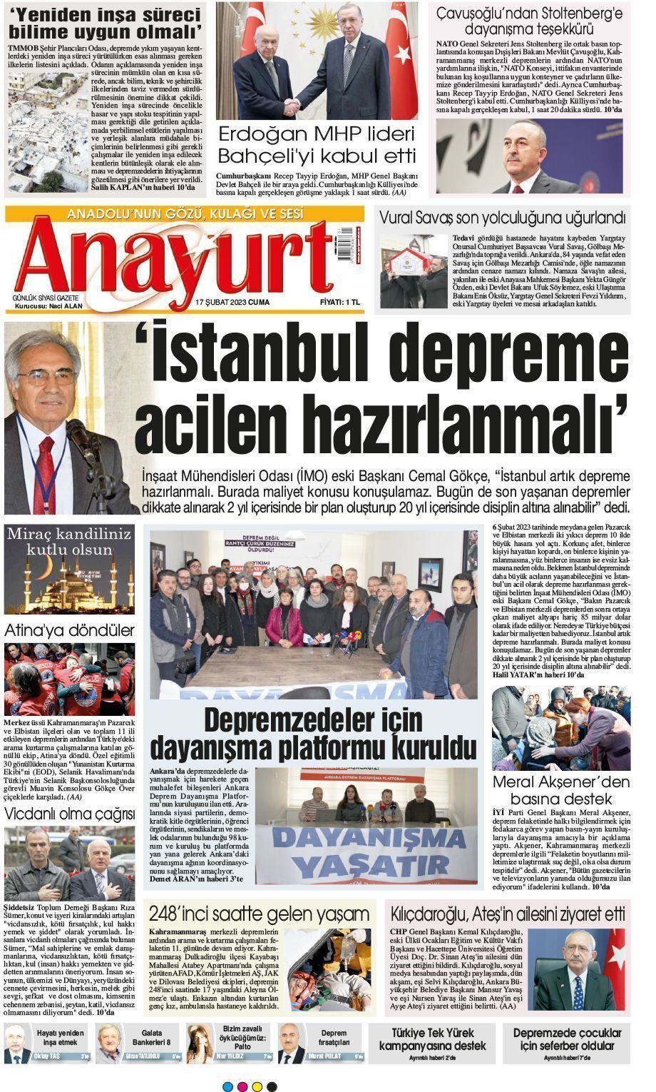 17 Şubat 2023 Anayurt Gazete Manşeti