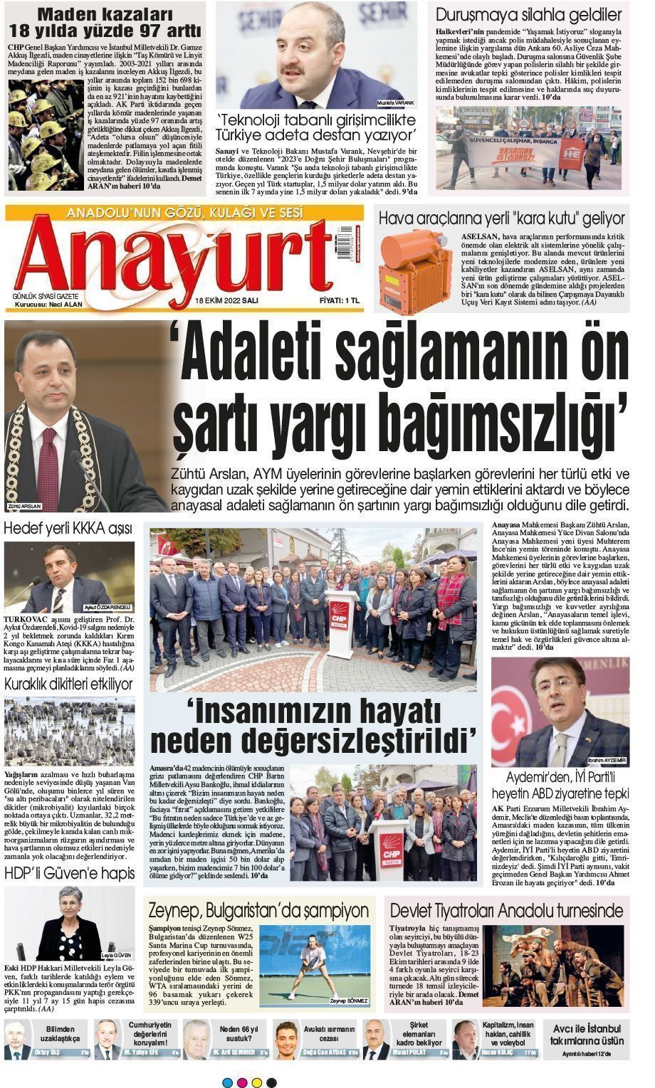 18 Ekim 2022 Anayurt Gazete Manşeti