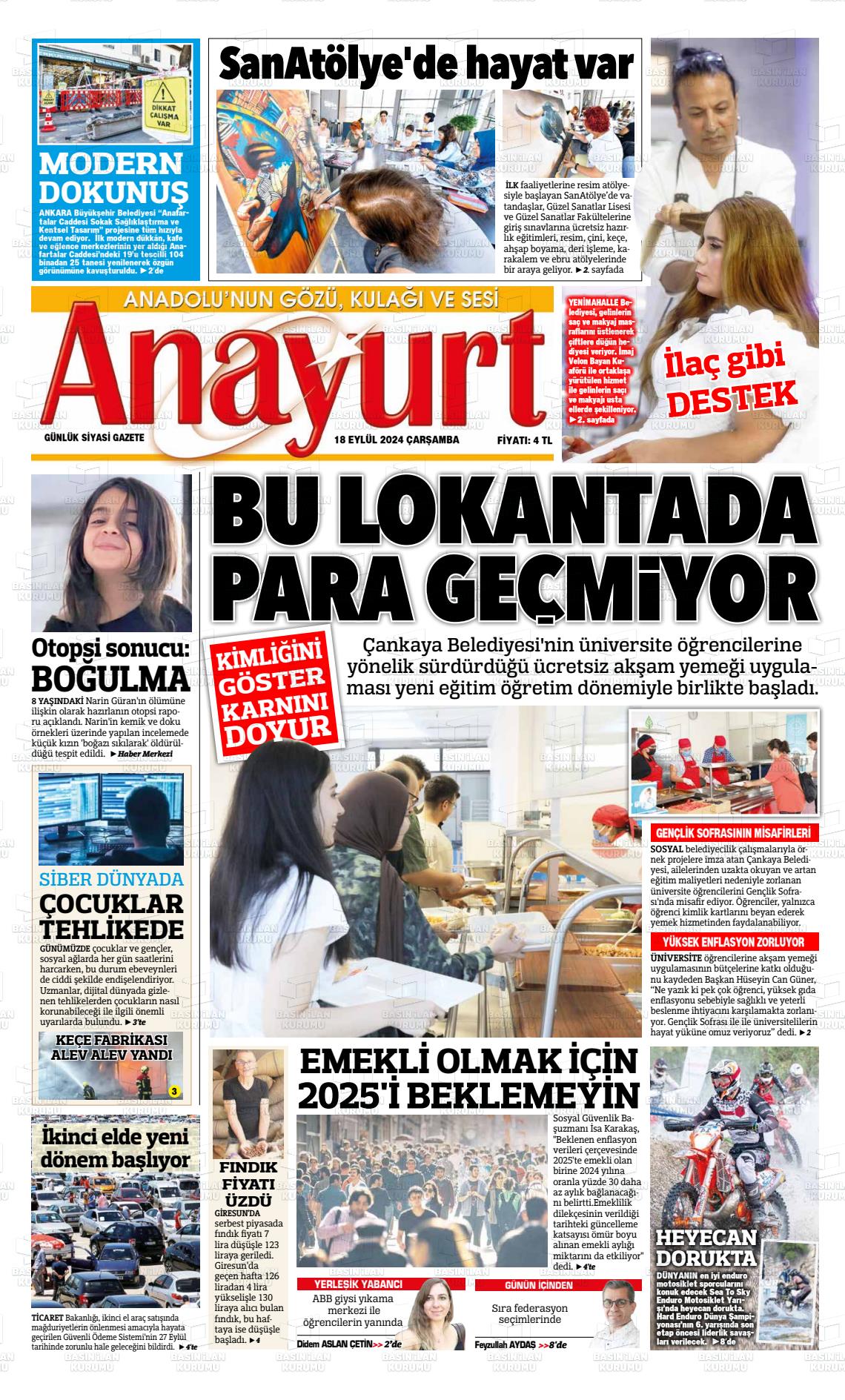 18 Eylül 2024 Anayurt Gazete Manşeti