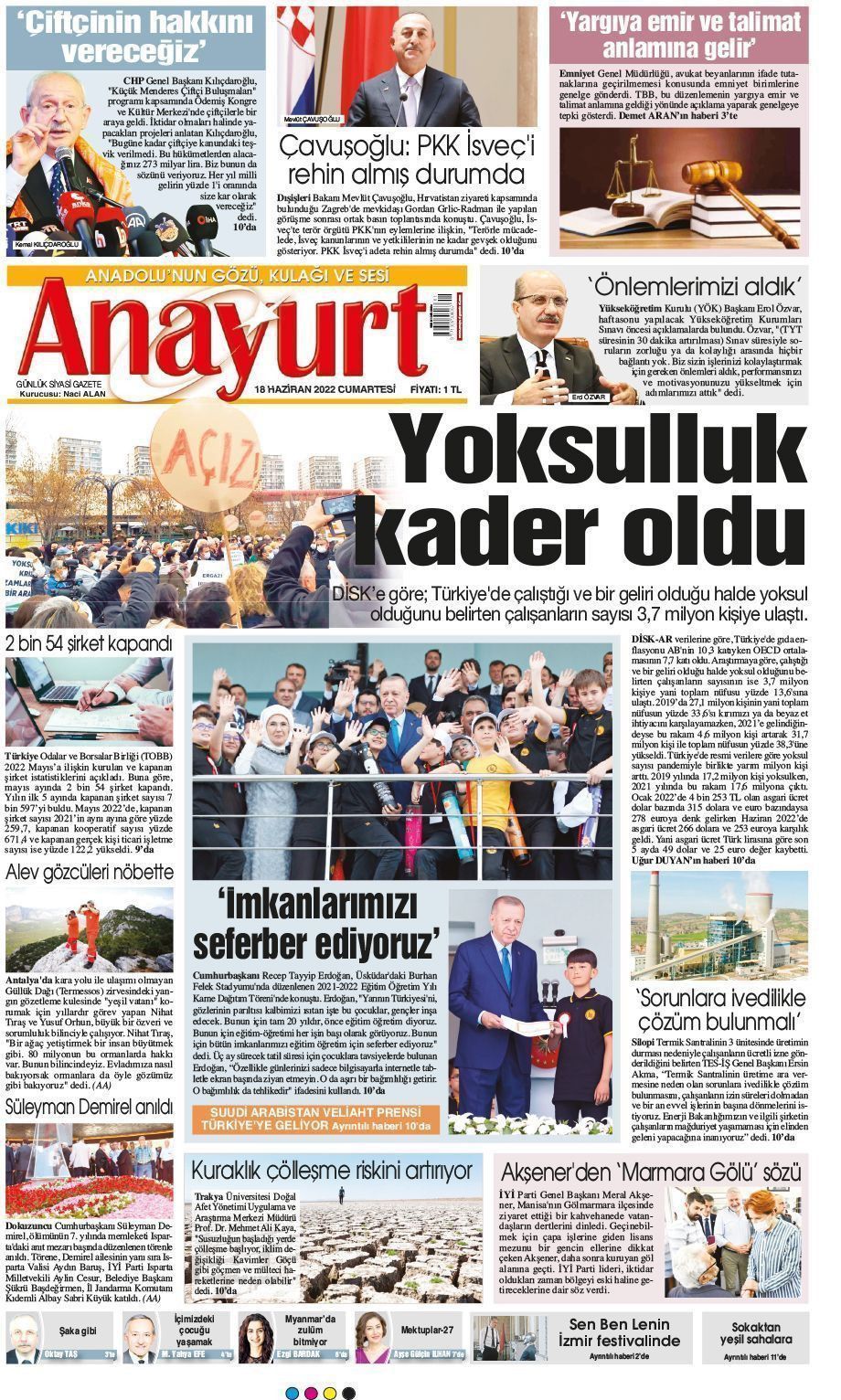 18 Haziran 2022 Anayurt Gazete Manşeti