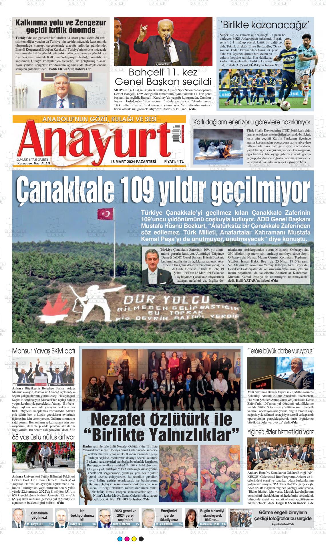 18 Mart 2024 Anayurt Gazete Manşeti