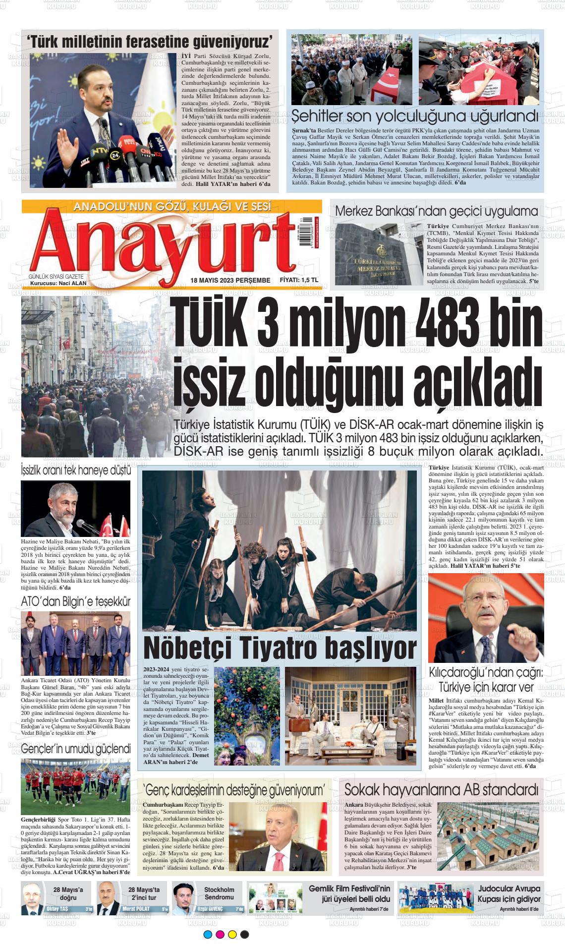 18 Mayıs 2023 Anayurt Gazete Manşeti