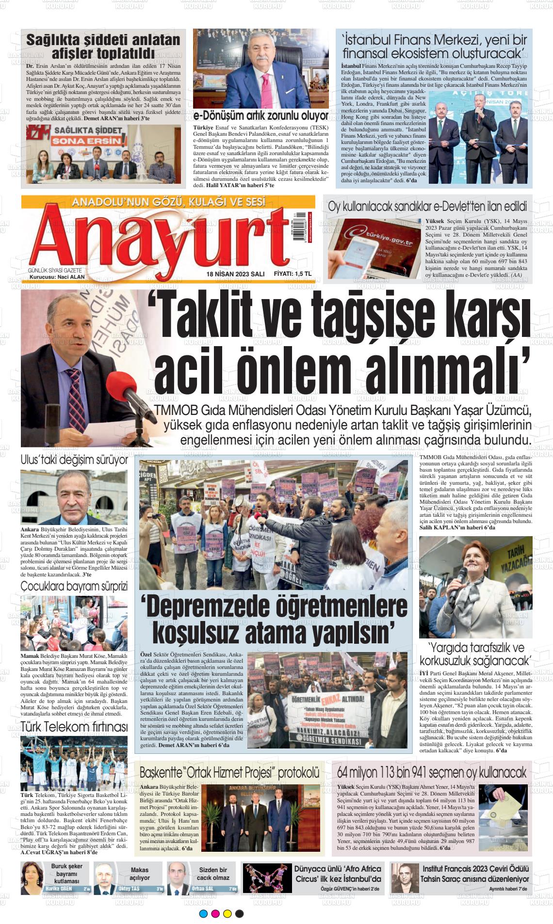 18 Nisan 2023 Anayurt Gazete Manşeti