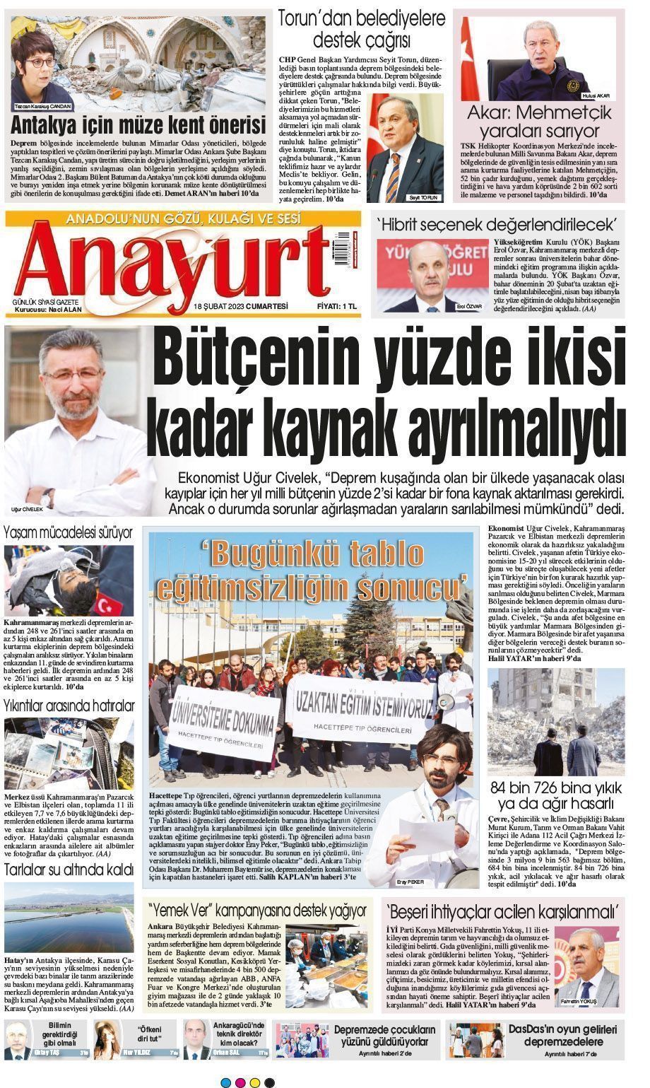 18 Şubat 2023 Anayurt Gazete Manşeti