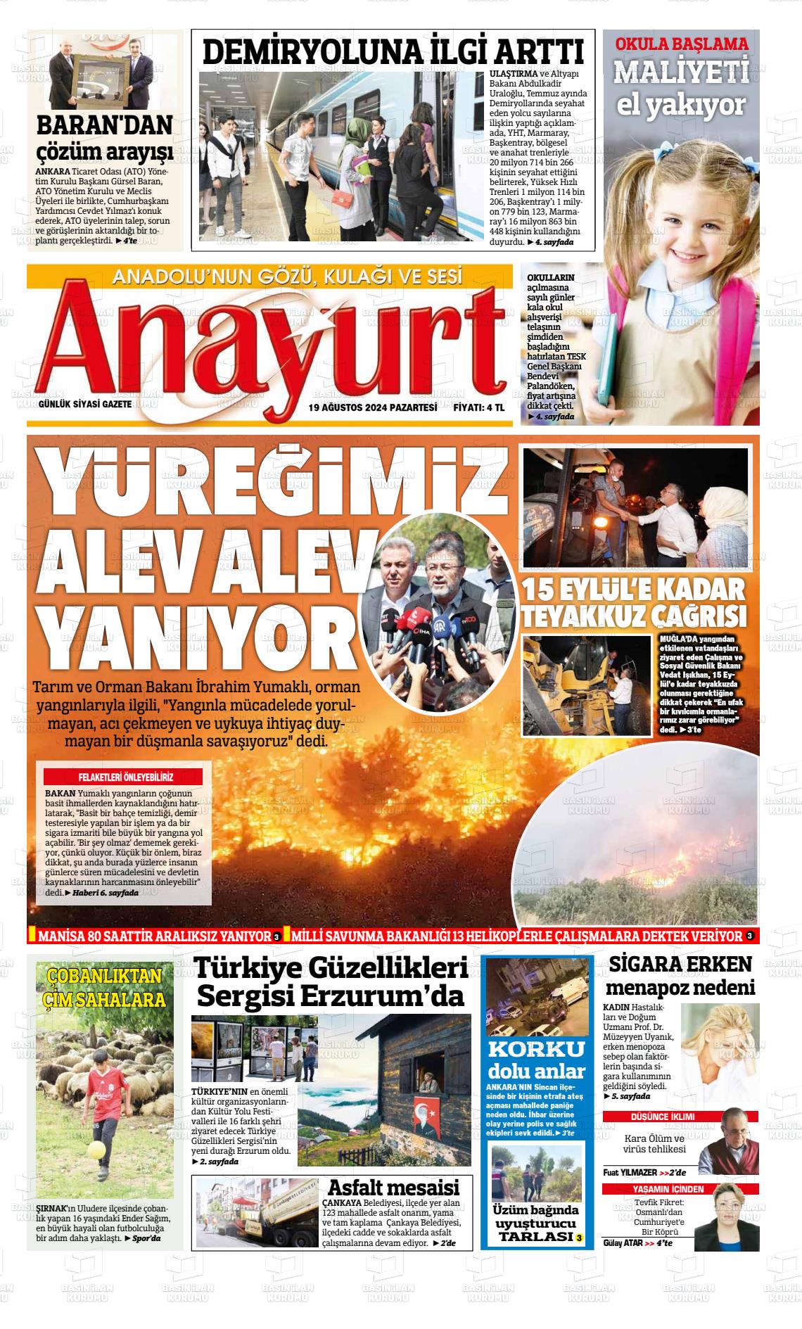 19 Ağustos 2024 Anayurt Gazete Manşeti