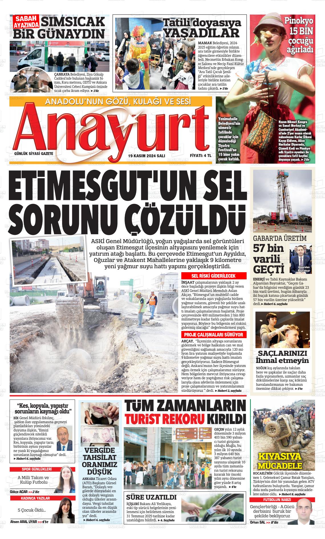 19 Kasım 2024 Anayurt Gazete Manşeti