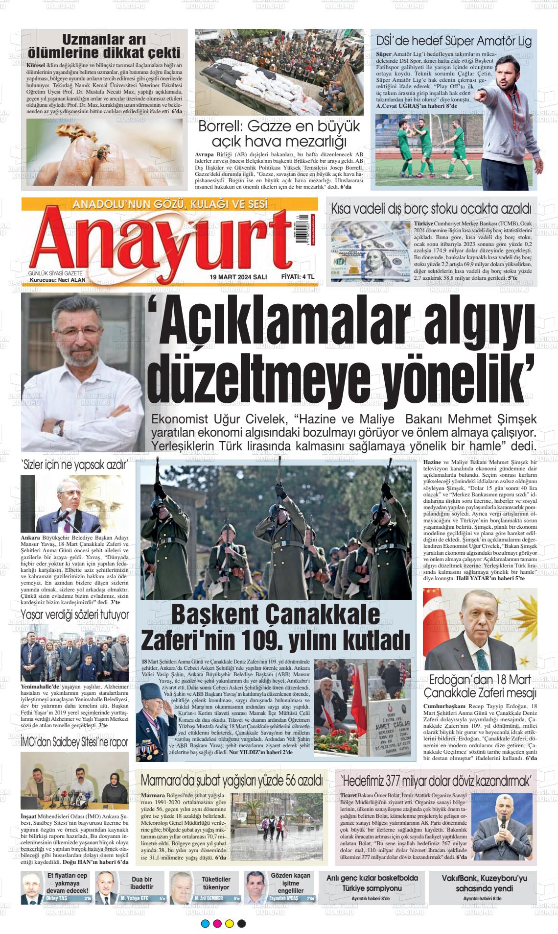 19 Mart 2024 Anayurt Gazete Manşeti