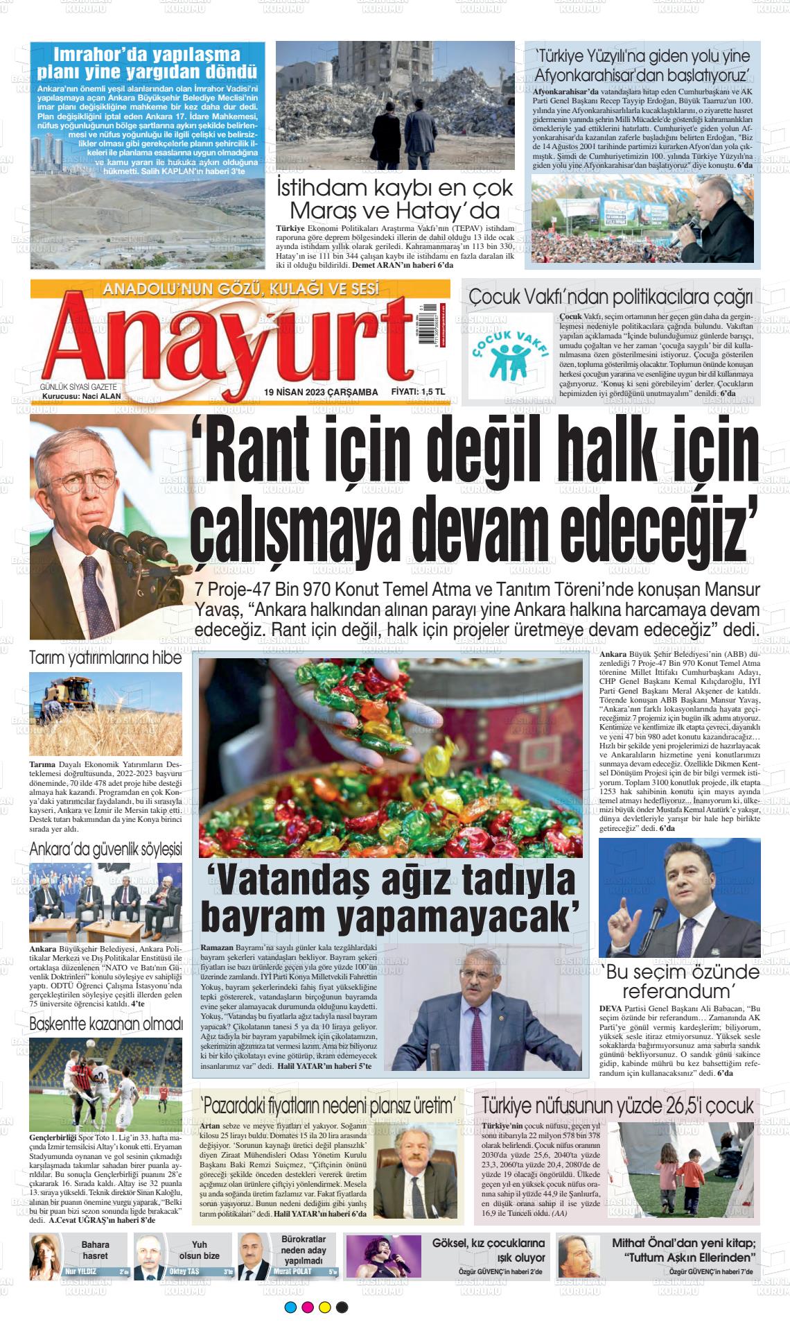 19 Nisan 2023 Anayurt Gazete Manşeti